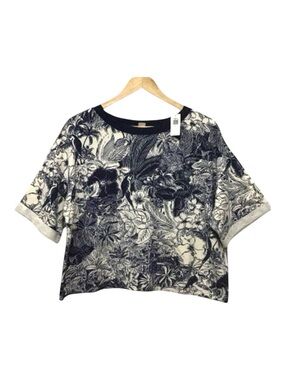 BOXY Old Navy crop sweater top oversiz ecru blue floral short sleeve Mediu